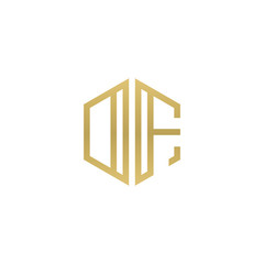 Initial letter DF, OF, minimalist line art hexagon shape logo, gold color