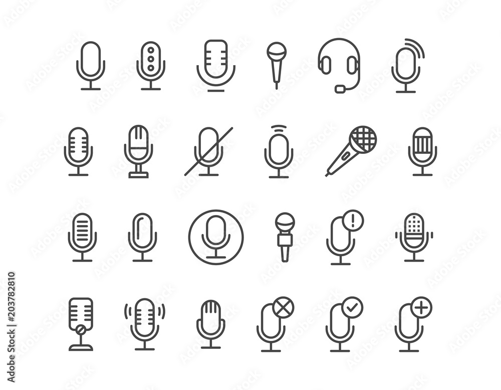 Poster simple set of microphone and related of microphone mic vector line icons. editable stroke. 48x48 pix