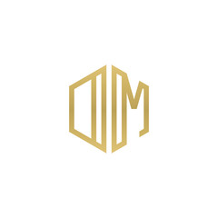 Initial letter DM, OM, minimalist line art hexagon shape logo, gold color