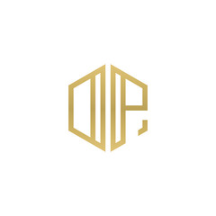 Initial letter DP, OP, minimalist line art hexagon shape logo, gold color