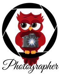 A beautiful cartoon red owl with a camera sits on the camera's diaphragm. Concept photography, vocations, photo business