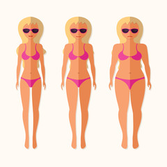 Woman In Bikini On Beach Over, Sexy Girl In swimsuit, Summer Sea, ocean Vacation. Sunbath on hot sand in the tropics. Flat Vector Illustration