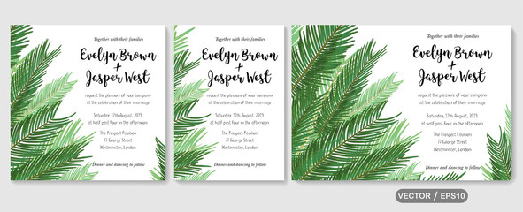 Wedding invite invitation menu card vector floral greenery design: sago palm leaves foliage greenery frame pattern. Postcard, poster label. Watercolor elegant hand drawn set - obrazy, fototapety, plakaty