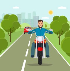 Fototapeta premium Young man riding a motorcycle. Vector flat style illustration