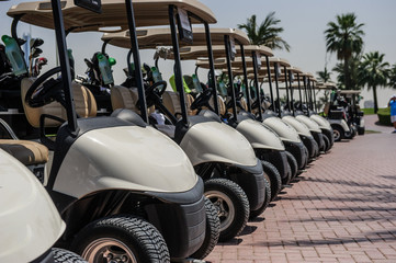 White golf carts at the green golf course.