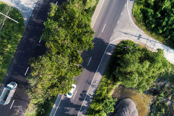 Aerial look down view of road path through the tree