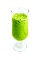 A glass of green organic smoothie drink, isolated on a white background. Healthy diet concept.