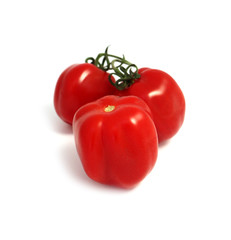 A group of tree delicious red fresh tomatoes with green steam, isolated on a white background.
