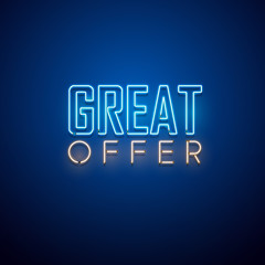 Neon sign. Great offer signage. Vector illustration.