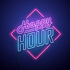 Happy hour neon sign. Vector illustration. - obrazy, fototapety, plakaty