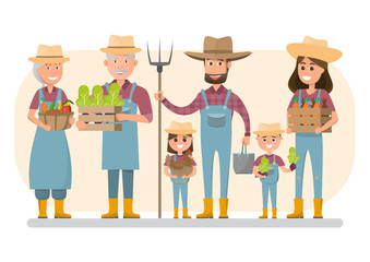 happy farmer family cartoon character in organic rural farm.