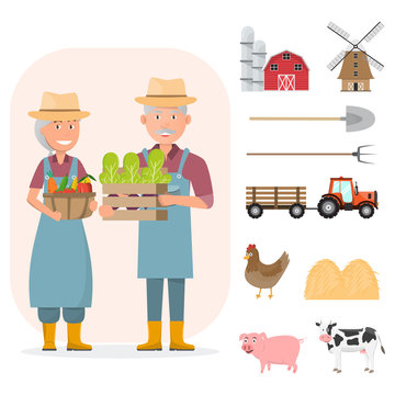 happy farmer family cartoon character in organic rural farm with farm equipment