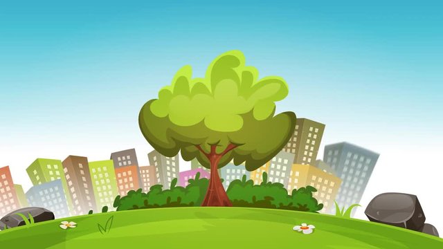 Spring City Landscape Background Loop/
Loopable animation of a cartoon spring or summer season urban landscape, with tree, green field and
towers, using bouncing, scale, fade and blur effects