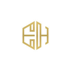 Initial letter EH, minimalist line art hexagon shape logo, gold color