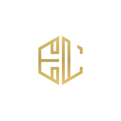 Initial letter EL, minimalist line art hexagon shape logo, gold color