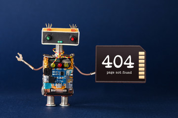 404 error page not found concept. Creative design robot with warning text message on memory card....
