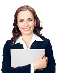 Businesswoman with grey folder, isolated