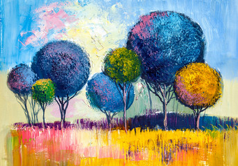 Trees, oil painting, artistic background - obrazy, fototapety, plakaty