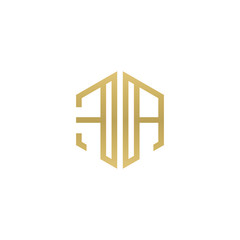 Initial letter FA, minimalist line art hexagon shape logo, gold color