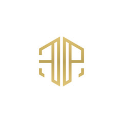 Initial letter FP, minimalist line art hexagon shape logo, gold color