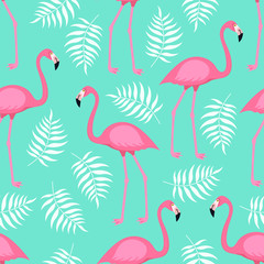 Seamless trendy tropical pattern with pink flamingo birds and tropic areca leaves on mint green background. Vector illustration