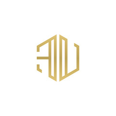 Initial letter FU, minimalist line art hexagon shape logo, gold color