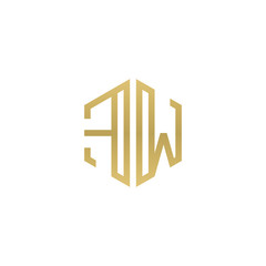 Initial letter FW, minimalist line art hexagon shape logo, gold color
