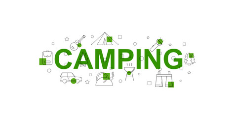 Camping vector banner. Word with line icon. Vector background