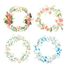 Aquarelle painting of floral wreath made of wild flowers isolated on white background