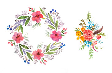 Romantic floral garland hand drawn with watercolors isolated on white background
