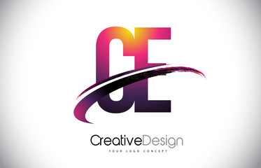 CE C E Purple Letter Logo with Swoosh Design. Creative Magenta Modern Letters Vector Logo.