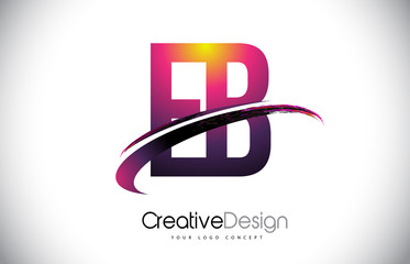 EB E B Purple Letter Logo with Swoosh Design. Creative Magenta Modern Letters Vector Logo.