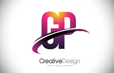 GP G P Purple Letter Logo with Swoosh Design. Creative Magenta Modern Letters Vector Logo.