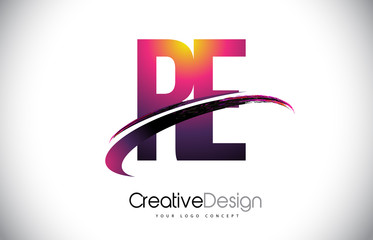 RE R E Purple Letter Logo with Swoosh Design. Creative Magenta Modern Letters Vector Logo.