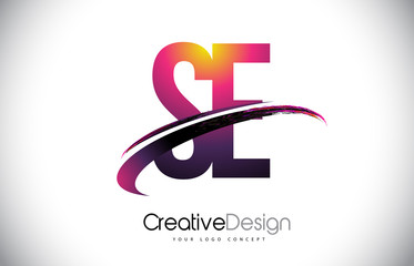 SE S E Purple Letter Logo with Swoosh Design. Creative Magenta Modern Letters Vector Logo.