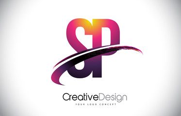 SP S P Purple Letter Logo with Swoosh Design. Creative Magenta Modern Letters Vector Logo.