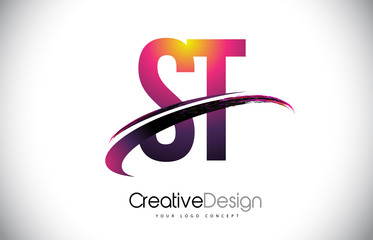 ST S T Purple Letter Logo with Swoosh Design. Creative Magenta Modern Letters Vector Logo.