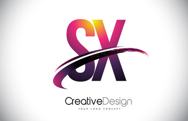 SX S X Purple Letter Logo with Swoosh Design. Creative Magenta Modern Letters Vector Logo.