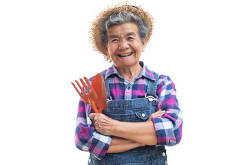 Happy old Asian gardener on a white background
