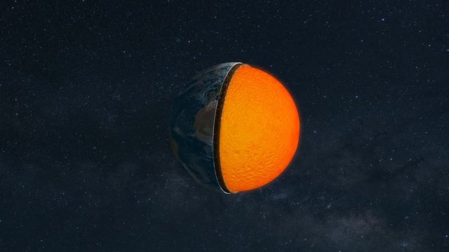 Core of the Earth with inner geological structure and layers of the planet in 3d animation.