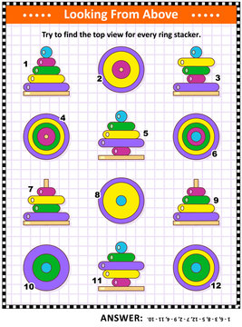 Math visual puzzle or picture riddle with colorful wooden ring stacking toys: Try to find the top view for every ring stacker. Answer included.
