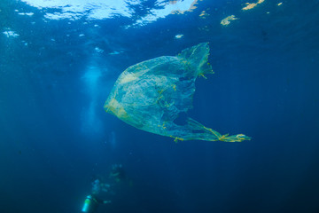 Plastic Pollution - a plastic bag floats in the ocean above a tropical coral reef