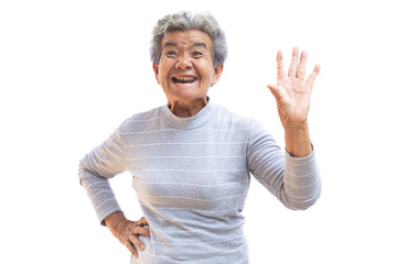 Happy Asian old woman joyful on white background