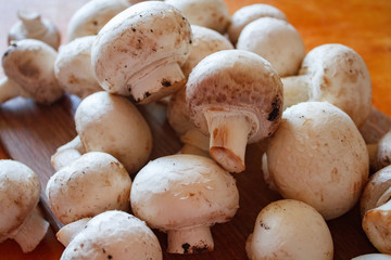 Champignon mushrooms, sacking mat and spices on wooden background