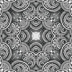 Monochrome Seamless Tile Pattern, Fancy Kaleidoscope. Endless Ethnic Texture with Abstract Design Element. Art Deco, Nouveau, Paisley Garden Style. Coloring Book Page. Vector 3d Contour Illustration
