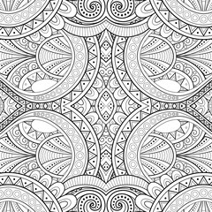 Monochrome Seamless Tile Pattern, Fancy Kaleidoscope. Endless Ethnic Texture with Abstract Design Element. Art Deco, Nouveau, Paisley Garden Style. Coloring Book Page. Vector Contour Illustration