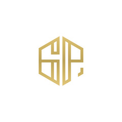 Initial letter GP, minimalist line art hexagon shape logo, gold color