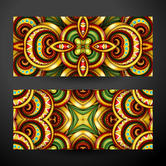 Colored Set of Banners, Web Design Elements. Beautiful Ornament, Tile Pattern, Fantastic Kaleidoscope. Corporate Identity Template. Realistic Glossy Ornament. Vector 3d Illustration