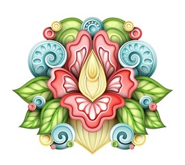 Colored Floral Design Element in Doodle Line Style. Decorative Composition with Flowers, Leaves and Swirls. Elegant Natural Motif. Realistic Ornaments. Vector 3d Illustration. Abstract Ornate Art