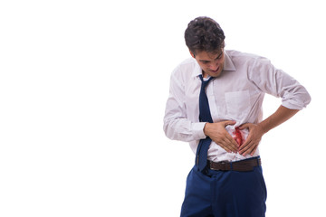 Wounded businessman with blood stains isolated on white backgrou